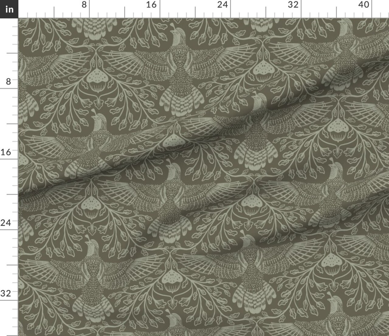 Autumnal Nature Forest Woodland Traditional Cabincore Lodge Acorn Game Bird Quail Leaves Trees Wingspan Autumn Winter Green Large Scale Rustic Custom Printed Fabric by Spoonflower Various Fabrics by the Yard or Fat Quarter